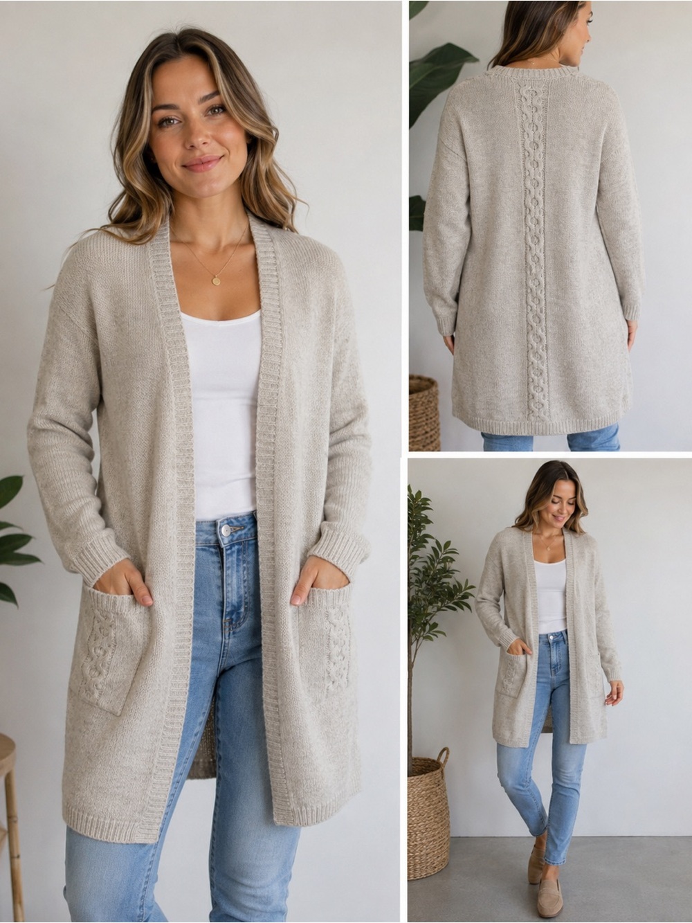 Elodie Beige Long Open Cardigan Wool Blend Cable Knit Pockets Size S